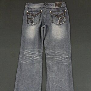XTREME COUTURE MENS BLUE JEANS STUDDED POCKETS MISSING BUTTON 36/32 L316